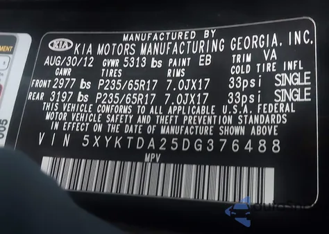 2013 Kia Sorento Lx V6 from USA, damaged, VIN 5XYKTDA25DG376488